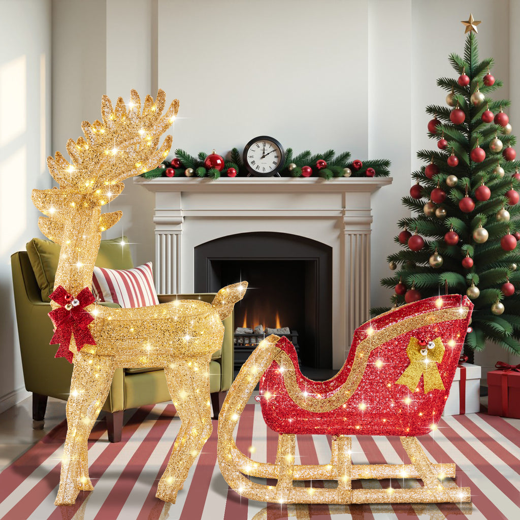 VANECL Christmas Reindeer Pulling Cart Yard Decoration with 180 Warm LED Lights, Indoor & Outdoor Metal Frame Holiday Ornament
