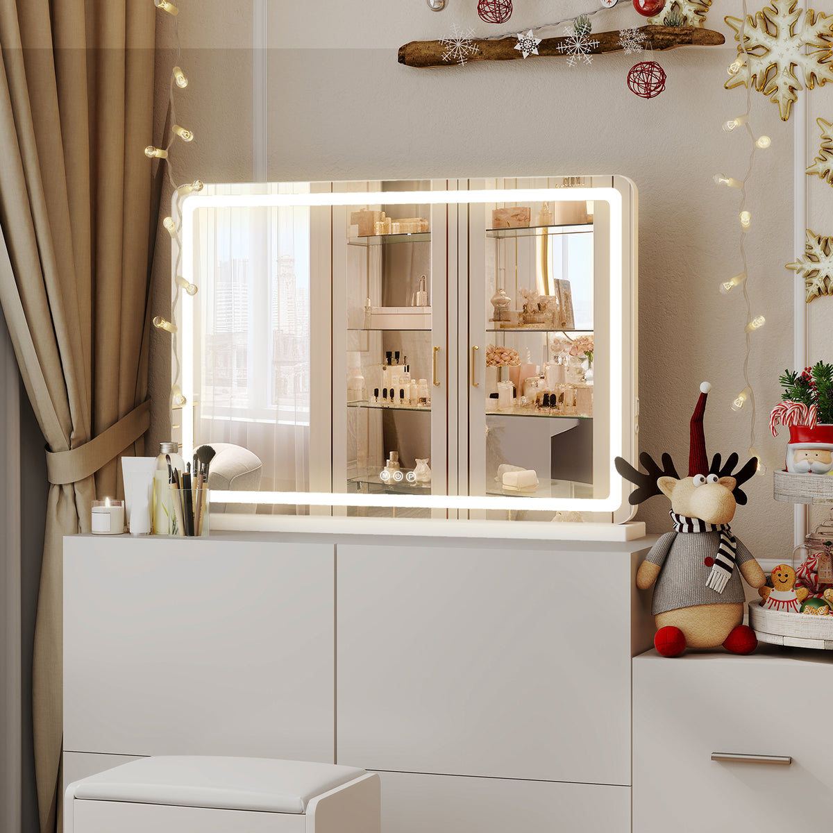 VANECL Square LED Vanity Makeup Mirror, Touch Control 3 Color Dimmable Lighted Desk Mirror with Memory & USB Charging Port