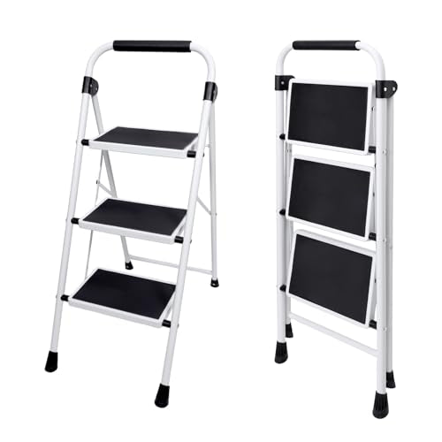 VANECL 3-Step Folding Steel Step Ladder with Auto-Lock Safety Buckle, Anti-Slip Portable Household Step Stool Max 330LBS