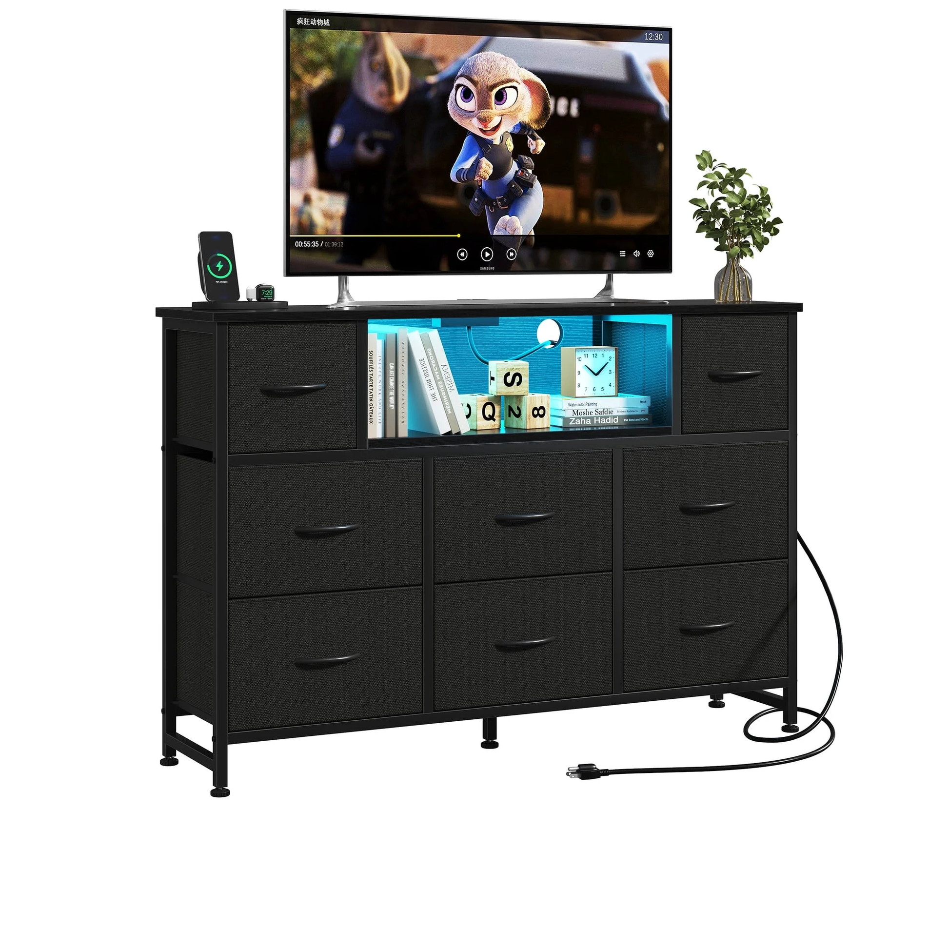 VANECL TV Stand with Built-in Charging Station & LED Ambient Lighting, Entertainment Cabinet with 9 Fabric Drawers for Up to 55 Inch TV