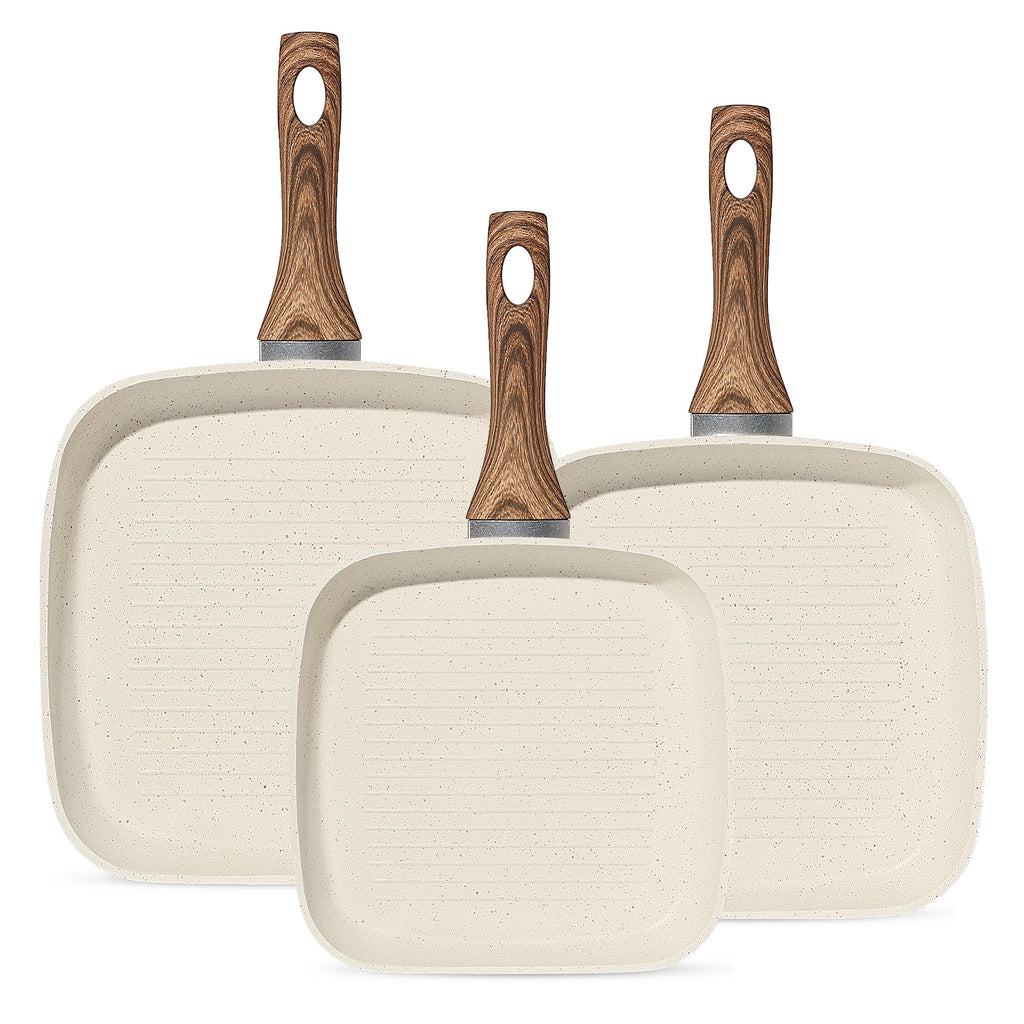 VANECL 3-Piece Square Nonstick Grill Pan Set 9.5/10/11 Inch, PFOA Free Skillet with Detachable Cool Touch Handle, Compatible with Induction Gas All Stovetops