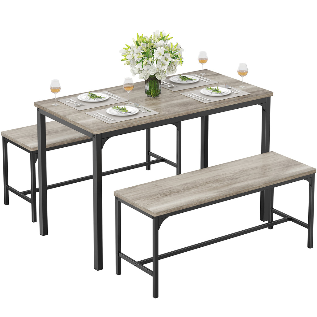VANECL 4 Person Dining Table Set with Benches, Solid Hardwood Compact Kitchen Dining Set for Small Space Home Dining Room