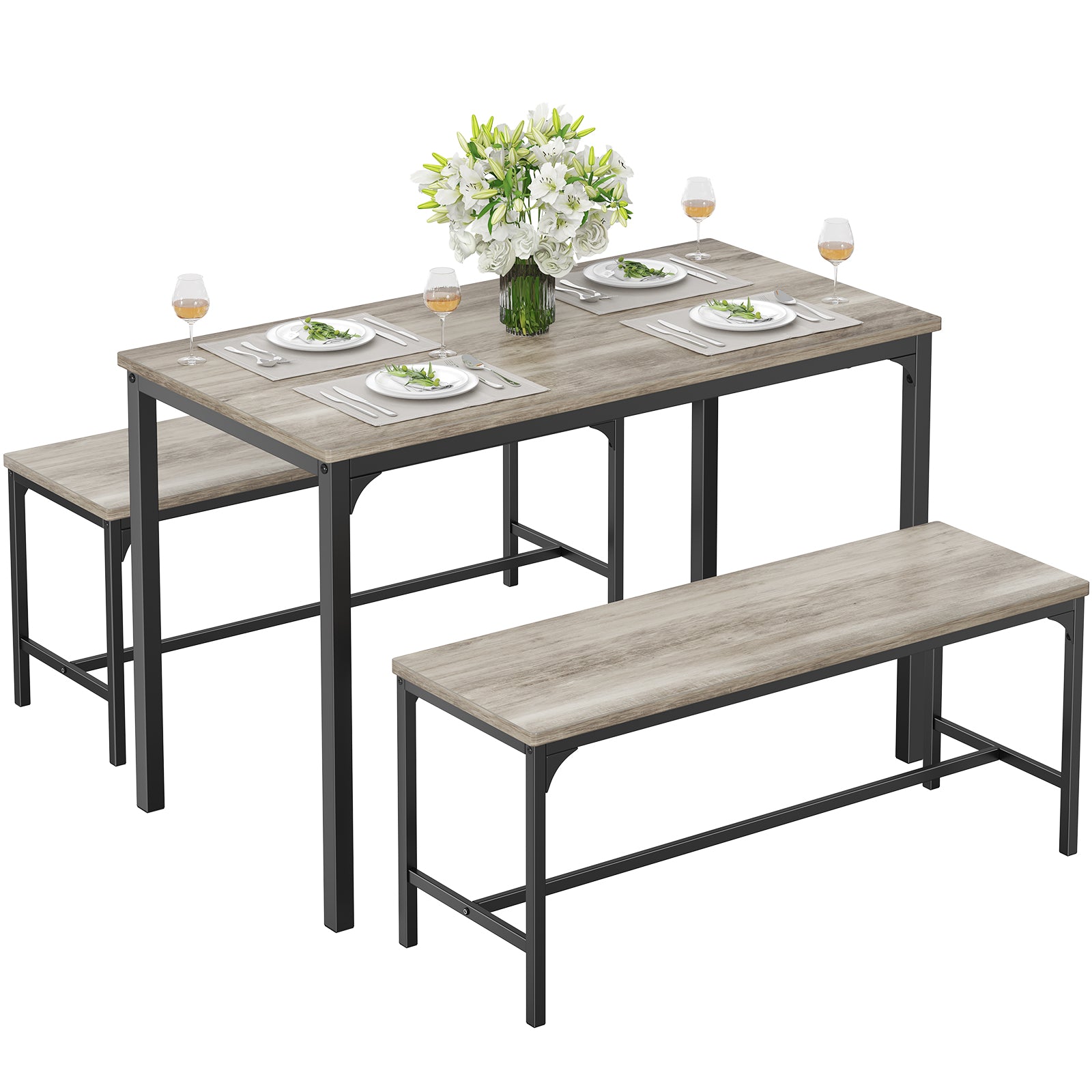 VANECL 4 Person Dining Table Set with Benches, Solid Hardwood Compact Kitchen Dining Set for Small Space Home Dining Room