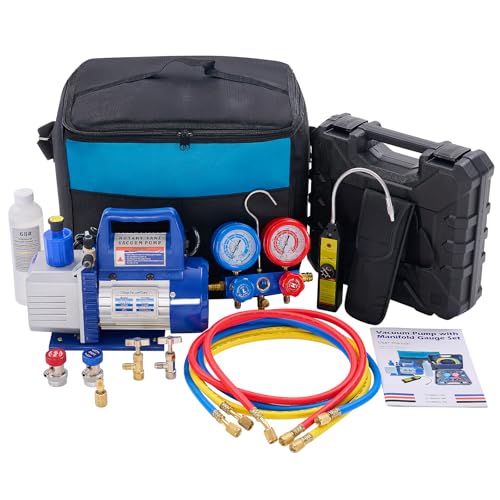 VANECL 110V 1/3HP 4CFM Vacuum Pump Kit with R134a Manifold Gauge and Refrigerant Leak Detector, Full HVAC AC Service Set
