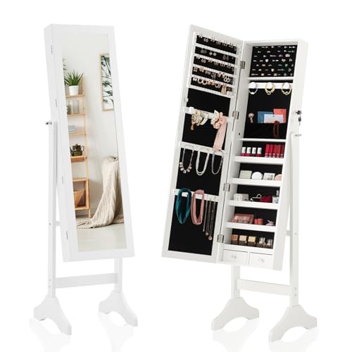 VANECL 47.3 Inch Freestanding Jewelry Armoire with Full Length Adjustable Mirror, Lockable Velvet Lined Standing Jewelry Storage Cabinet