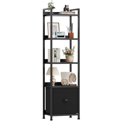 VANECL 5-Tier B0okshelf with Fabric Drawers, Wood & Metal Open B0okcase Storage Organizer for Home Office Bedroom