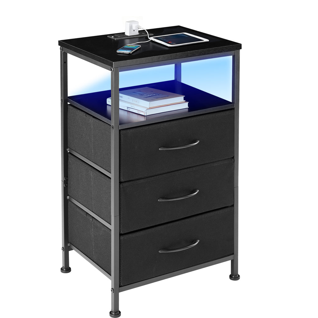 VANECL Nightstand with Charging Station & RGB LED Lights, Bedside End Table with 5 Fabric Drawers, USB Type-C Power Outlet for Bedroom