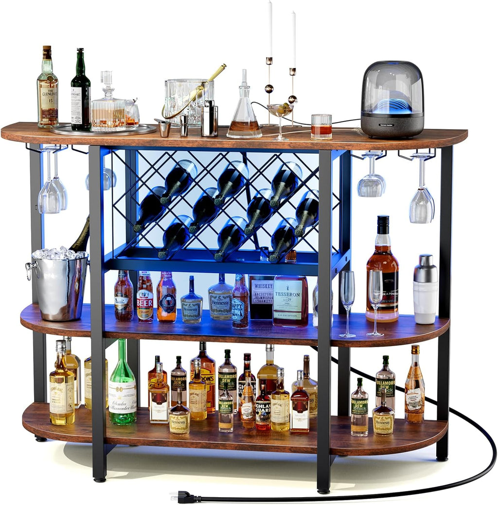 VANECL Sliding Door Metal Wine Bar Cabinet with RGB LED Light & Built-In Charging Station, Home Beverage Storage Cabinet