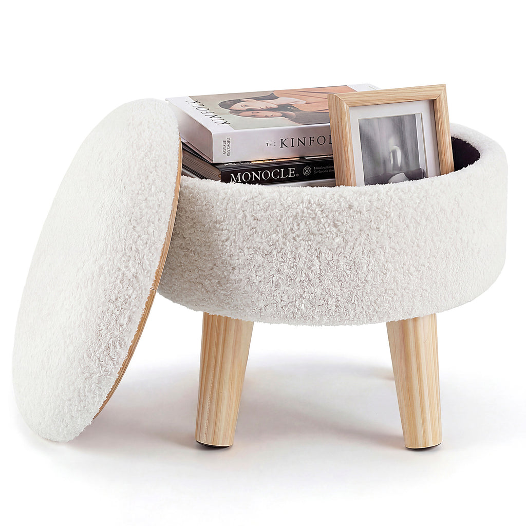 VANECL Round Teddy Fabric Storage Ottoman with Solid Wood Legs, Padded Hidden Storage Foot Stool for Bedroom Small Space