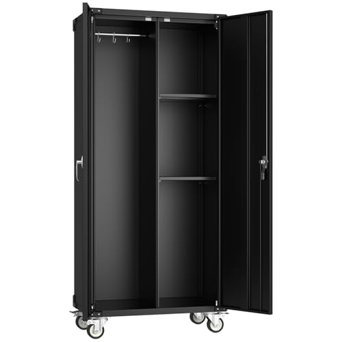 VANECL 72"H Black Rolling Metal Storage Cabinet with Lockable Door, Adjustable Shelves & Removable Casters for Garage Office Warehouse