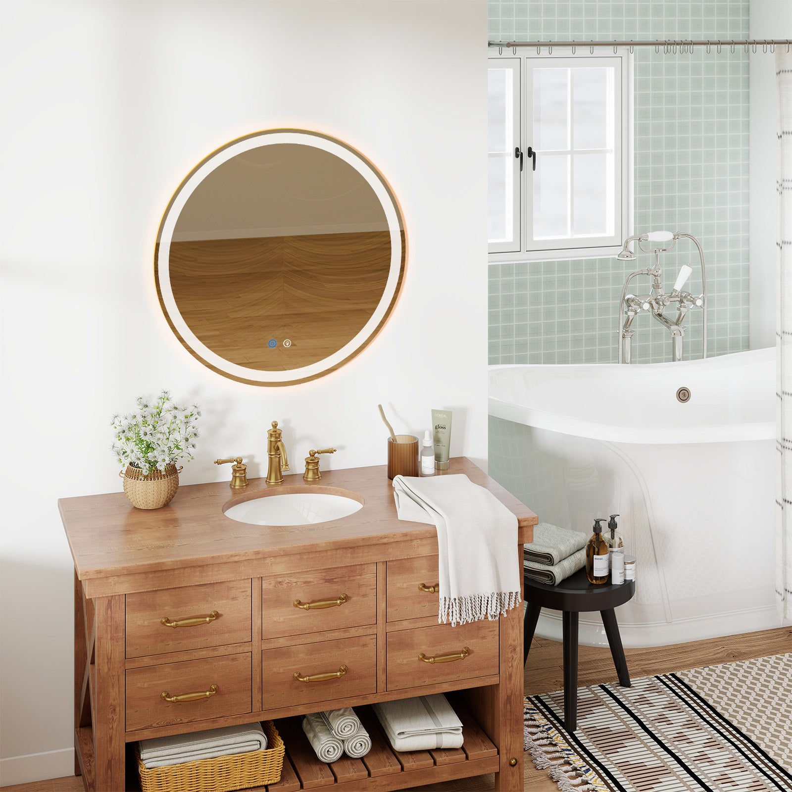 VANECL 23.6in Round LED Bathroom Mirror with Dual Front & Back Lights, Anti-Fog 3 Color Temperature Dimmable Vanity Mirror with Memory Function