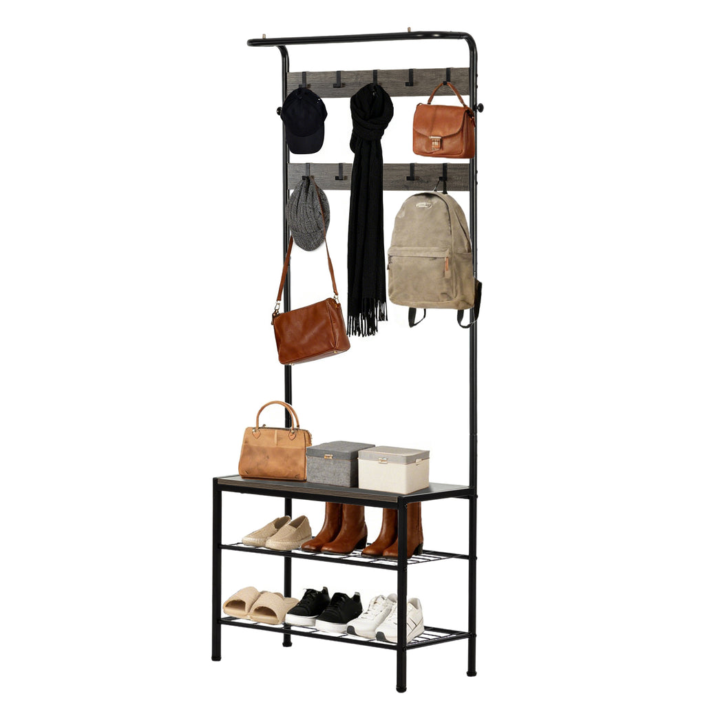 VANECL 4-in-1 Entryway Coat & Shoe Rack with Padded Seat, Metal Frame Hallway Storage Organizer for Entrance Closet