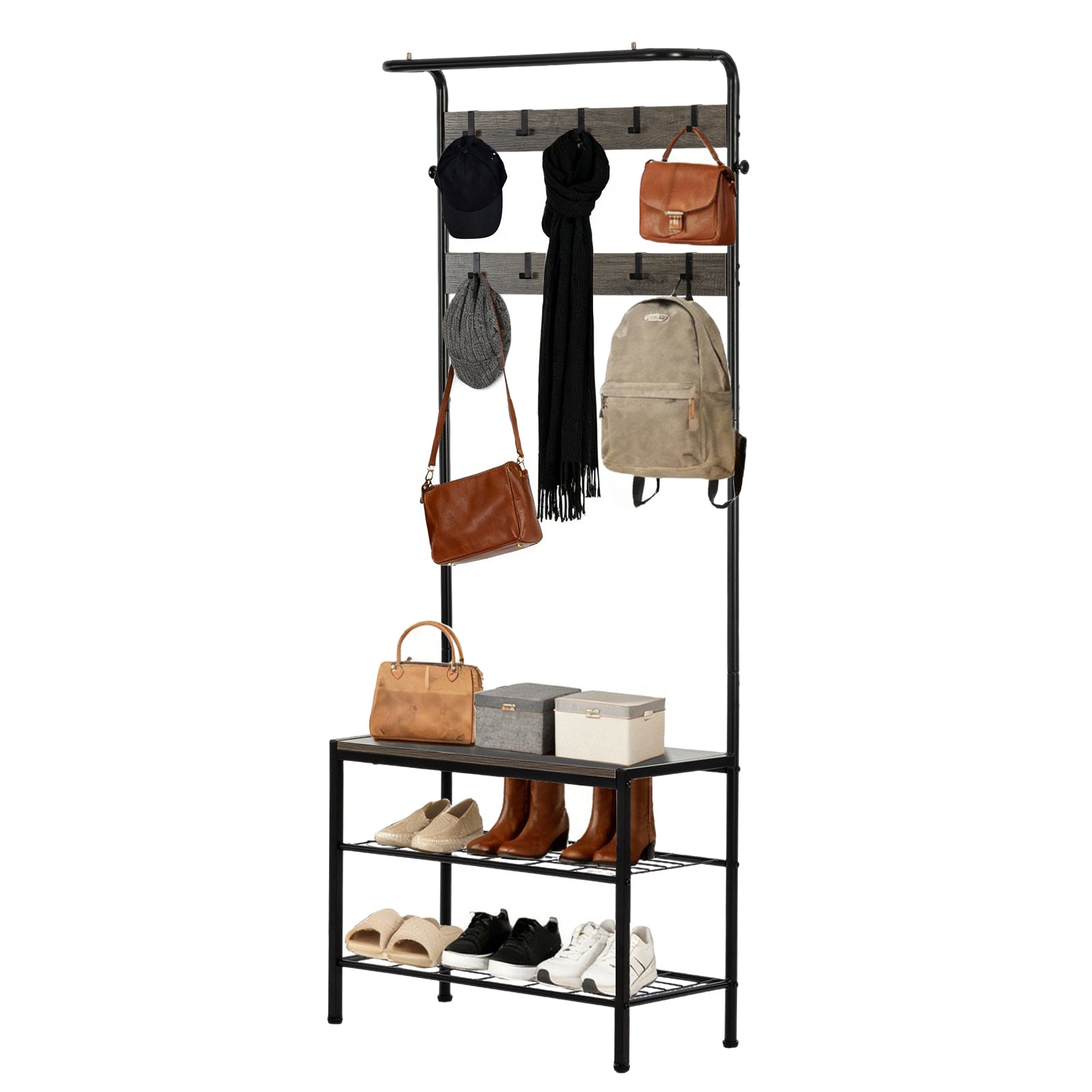 VANECL 4-in-1 Entryway Coat & Shoe Rack with Padded Seat, Metal Frame Hallway Storage Organizer for Entrance Closet