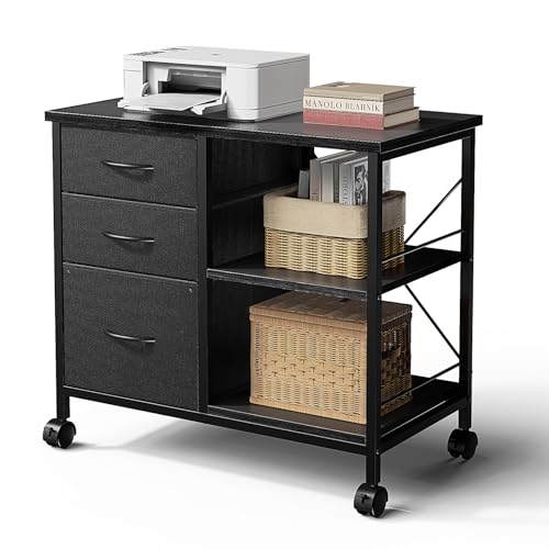 VANECL 3-Tier Rolling Printer Stand with Storage Drawers, Mobile Office File Cabinet with Reinforced Back Support Bar