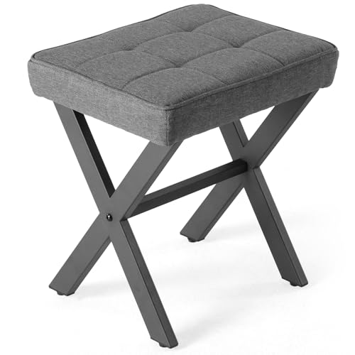 VANECL Square Linen Ottoman Stool with X-Shaped Metal Legs, 18 Inch Height Padded Foot Stool for Narrow Spaces