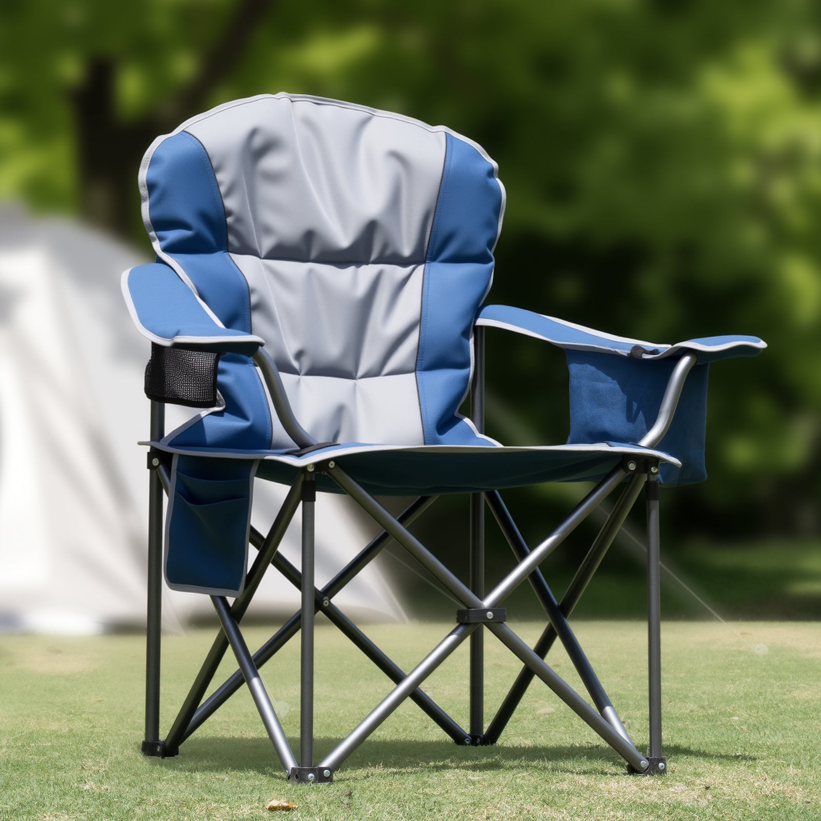 VANECL Oversized Folding Camping Chair, Heavy Duty 500 LBS Steel Frame Padded Outdoor Chair with Cup Holder, Side Storage & Built-in Cooler Bag for Fishing Picnic Concert