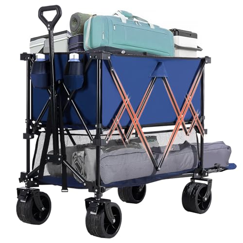VANECL Double Deck Foldable Utility Wagon Cart with Brake, Max 440LBS Load & 320L Large Capacity