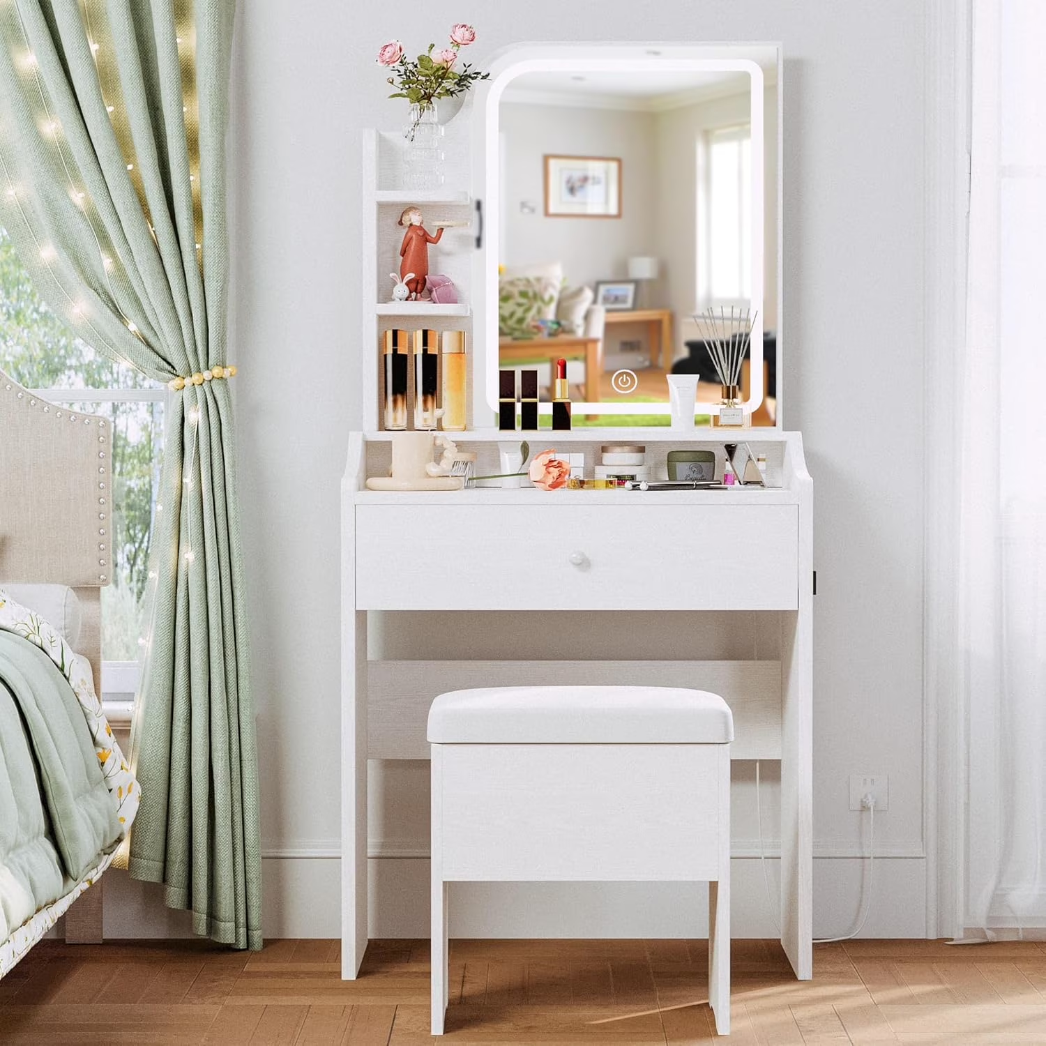 VANECL Compact Vanity Table Set with Adjustable LED Makeup Mirror, Storage Drawers, Open Shelves & Matching Stool for Bedroom Dorm Apartment