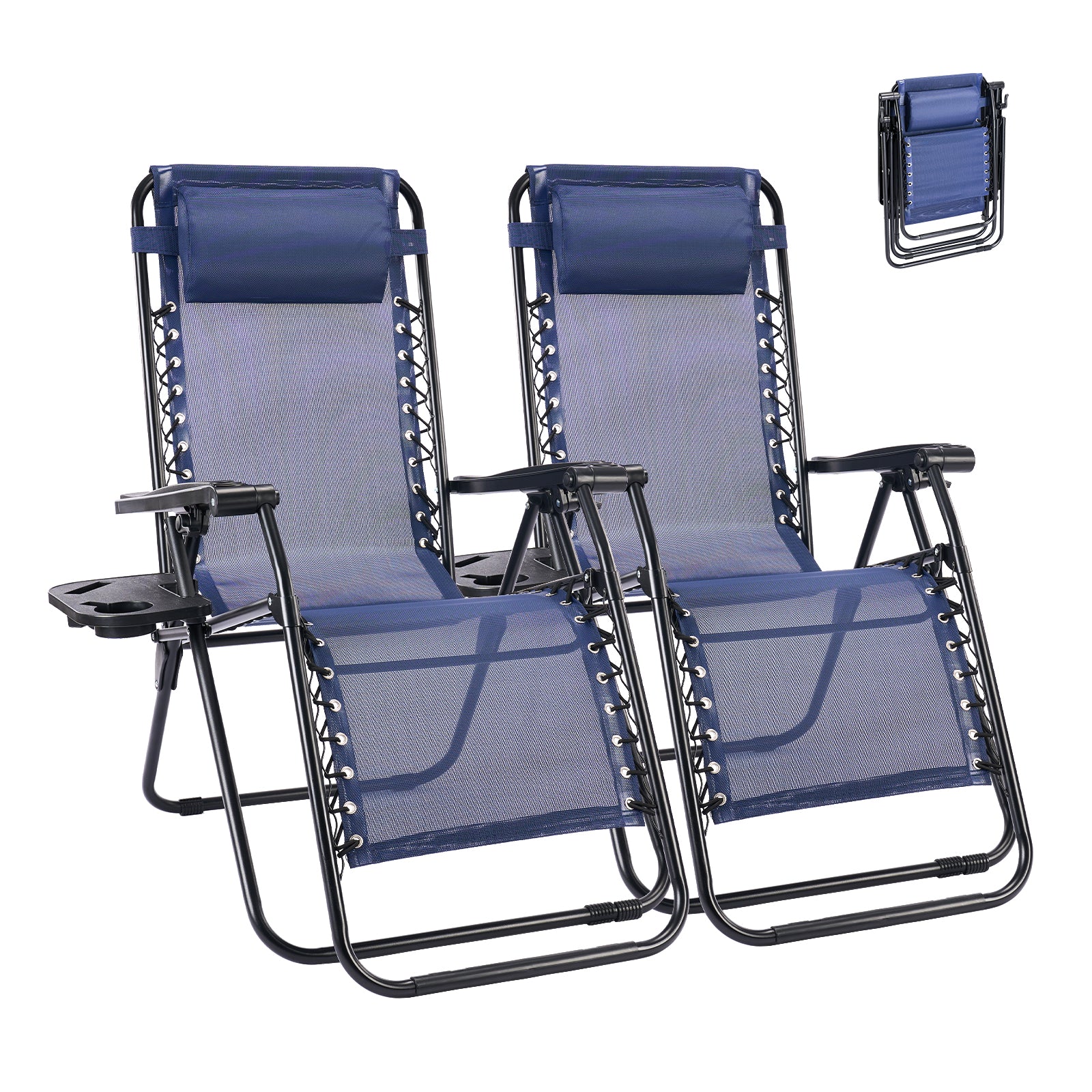 VANECL 2 Pack Zero Gravity Patio Recliner Chairs, Foldable Outdoor Lounge Chairs with Pillow, Detachable Cup Holder Tray for Beach Pool Lawn