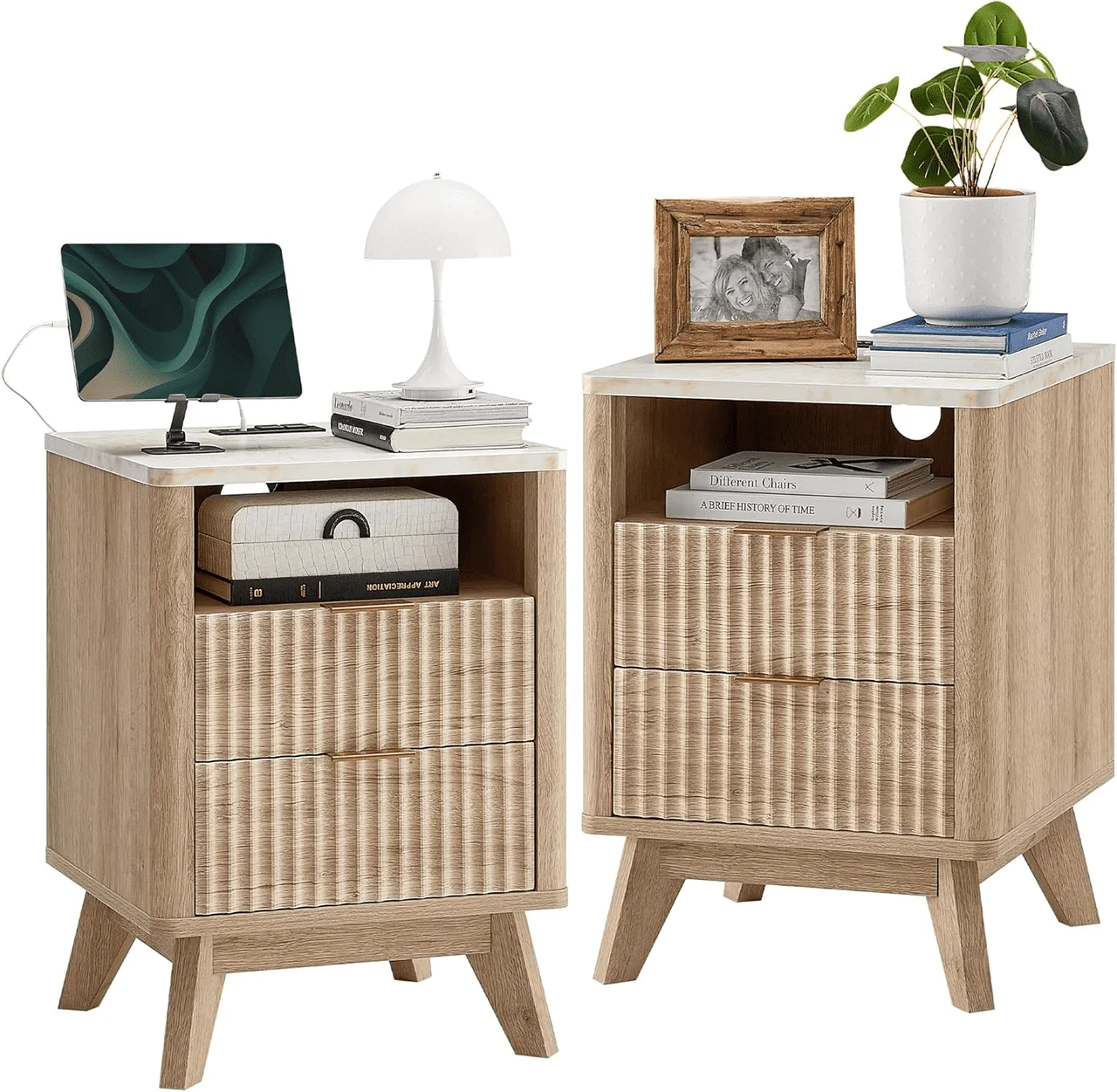 VANECL 2-Pack Carved Nightstands with Charging Station, Double Drawer Open Storage End Table with Faux Marble Top