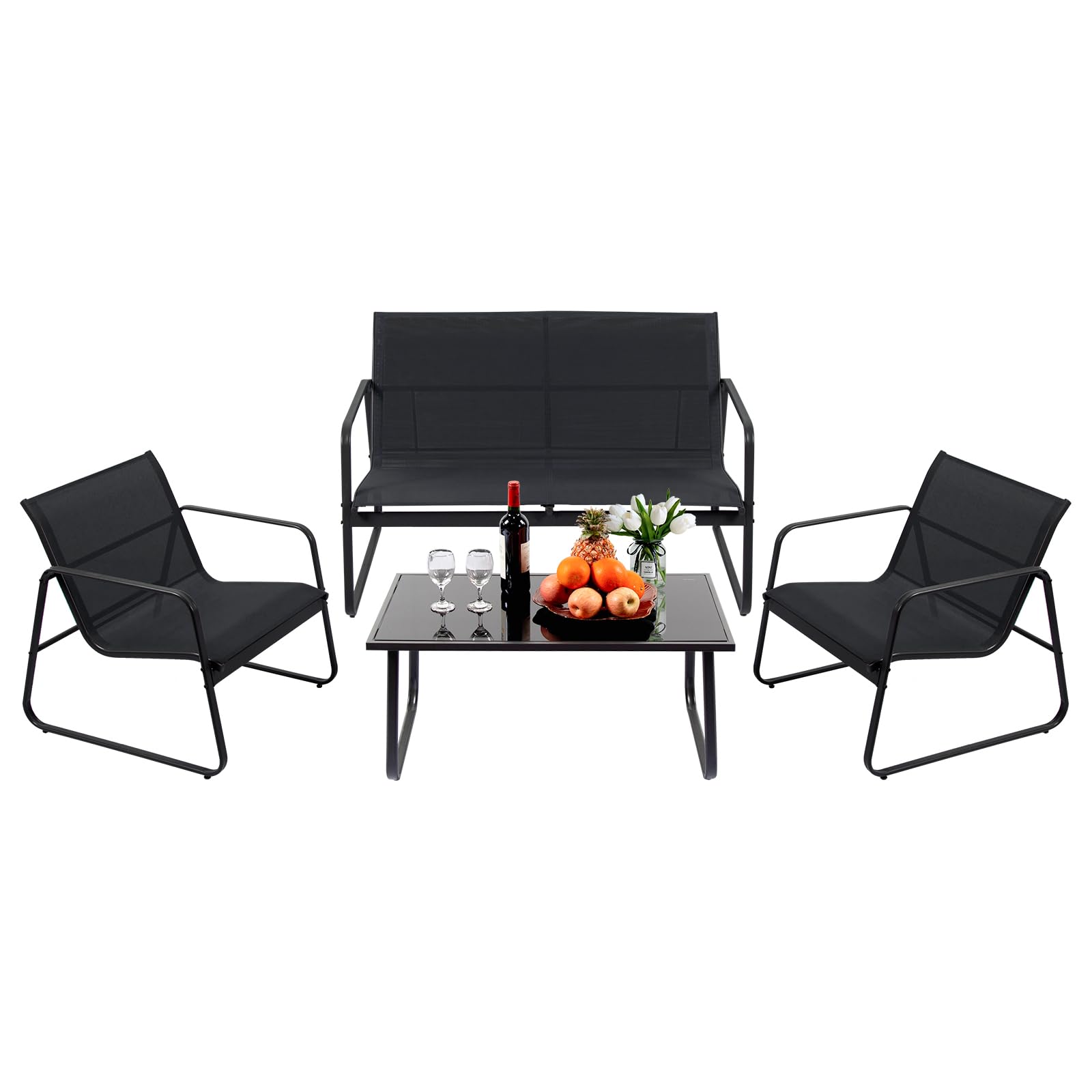 VANECL 4-Piece Outdoor Patio Furniture Set, Rustproof Steel Frame Conversation Bistro Set with Side Table for Yard Garden Poolside