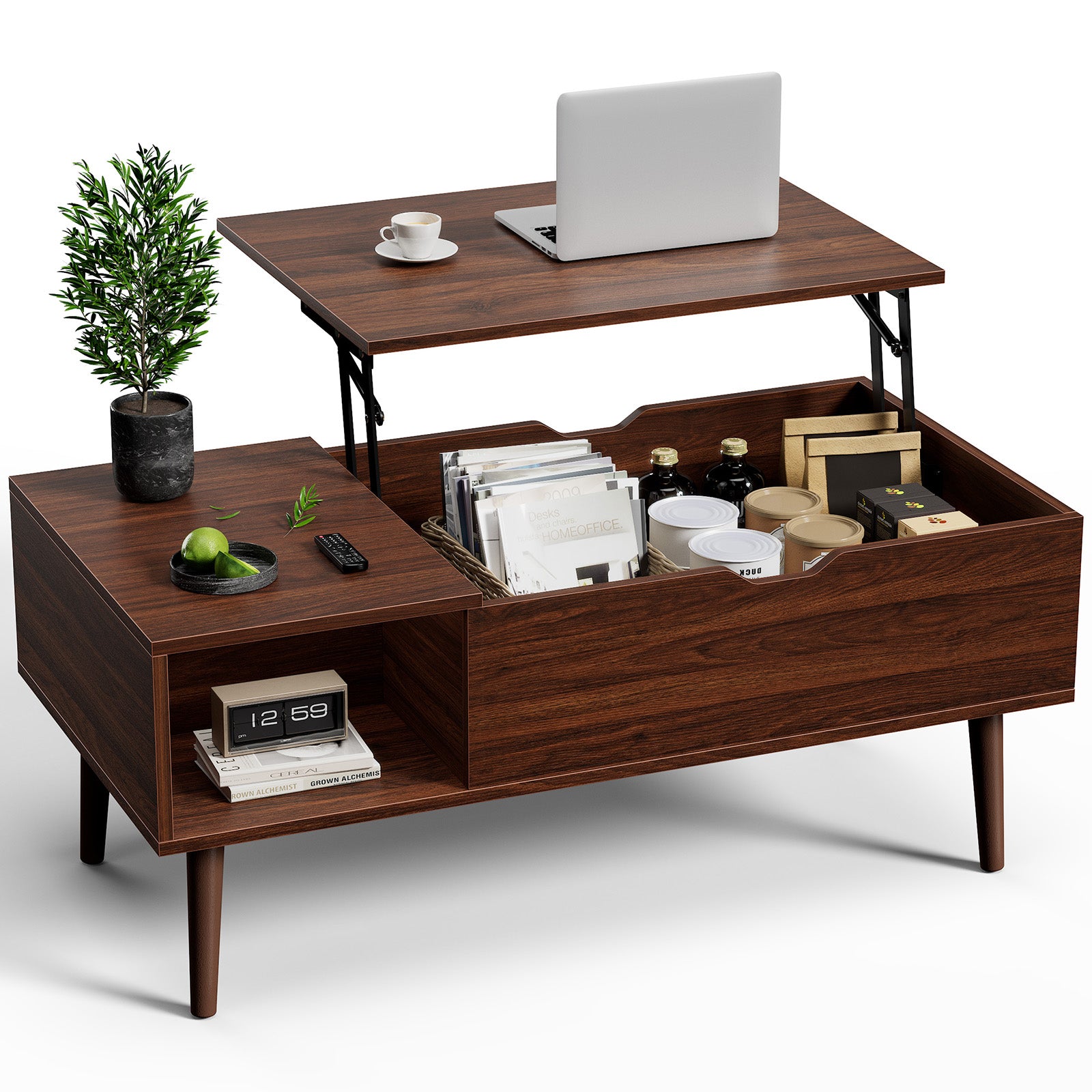 VANECL Wooden Lift Top Coffee Table with Hidden Storage Compartments & Adjustable Side Shelves for Living Room Home Office