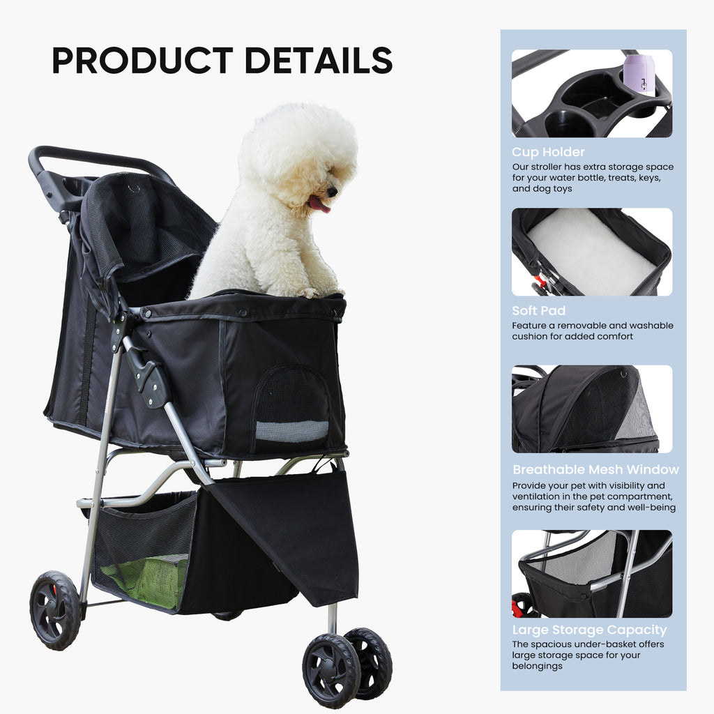 VANECL Foldable Lightweight Pet Stroller for Small Medium Dogs & Cats, Durable Walking Carrier Stroller with Bottom Storage Basket