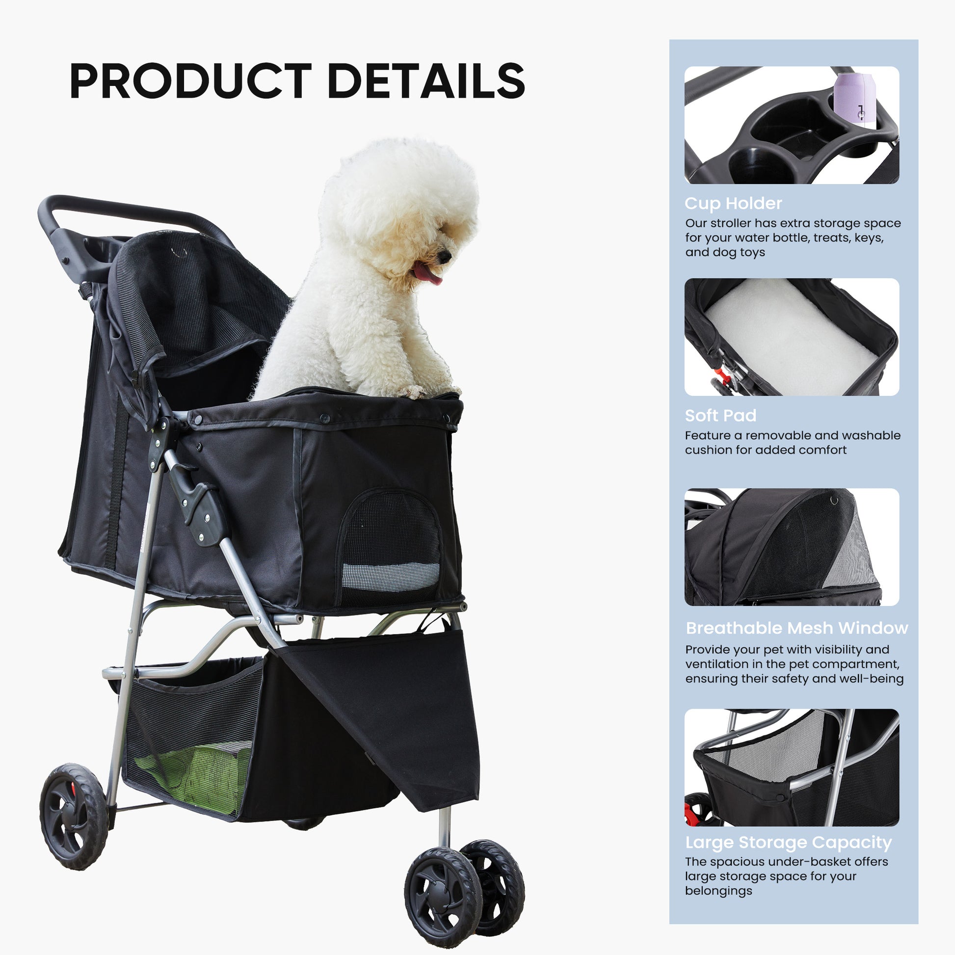 VANECL Foldable Lightweight Pet Stroller for Small Medium Dogs & Cats, Durable Walking Carrier Stroller with Bottom Storage Basket