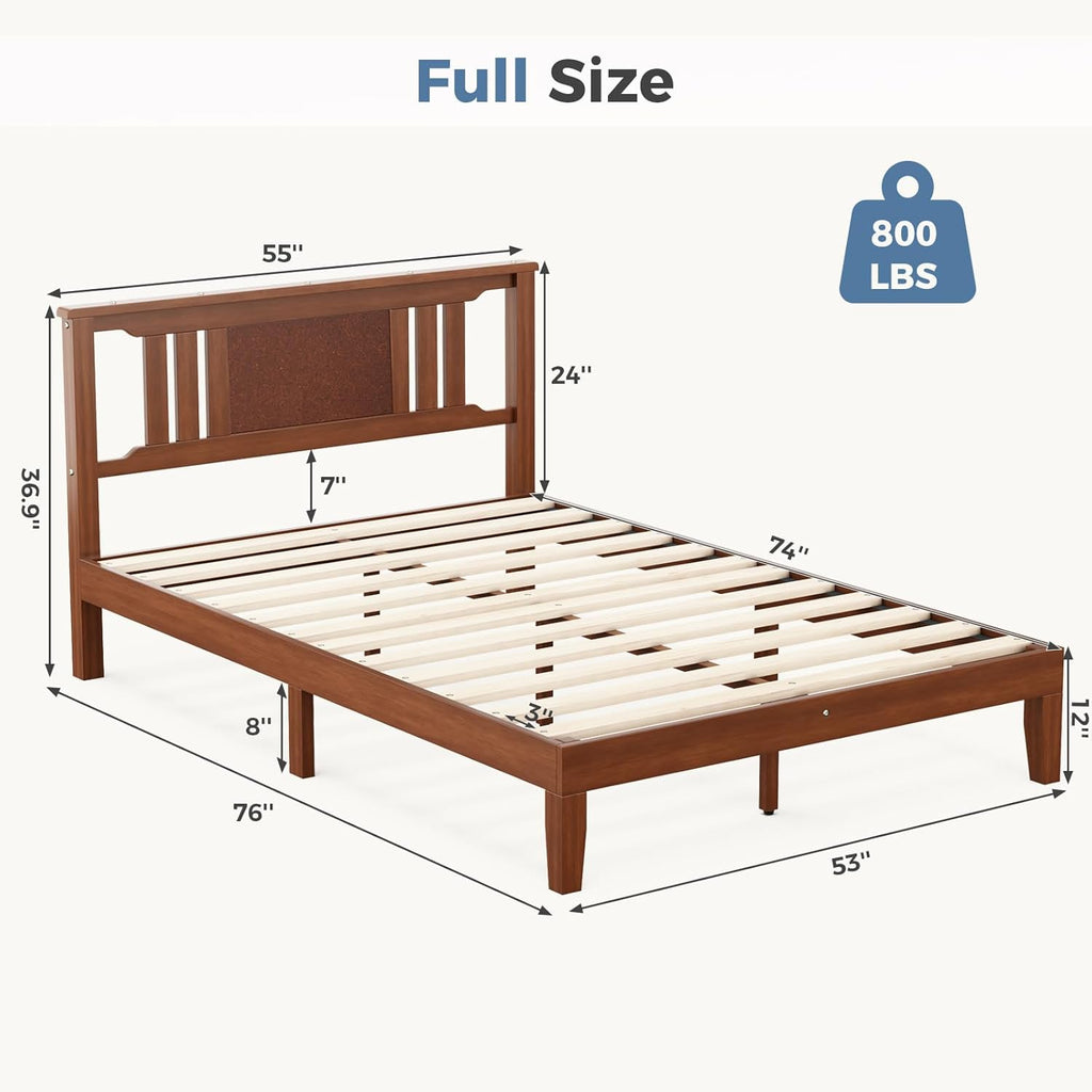 VANECL Full Size Solid Pine Wood Bed Frame with HeadB0ard, Heavy Duty Wooden Platform Bed with 8in Under Bed Storage for Bedroom