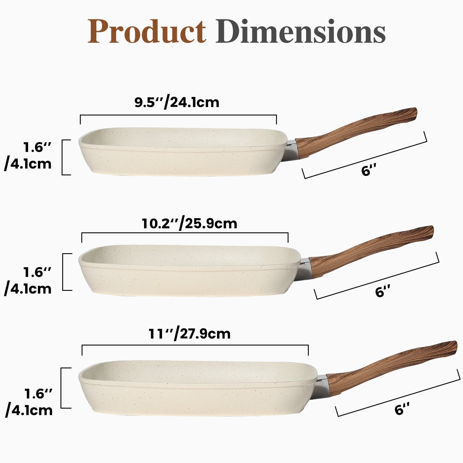 VANECL 3-Piece Square Nonstick Grill Pan Set 9.5/10/11 Inch, PFOA Free Skillet with Detachable Cool Touch Handle, Compatible with Induction Gas All Stovetops