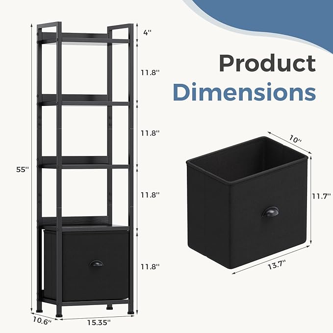 VANECL 5-Tier B0okshelf with Fabric Drawers, Wood & Metal Open B0okcase Storage Organizer for Home Office Bedroom