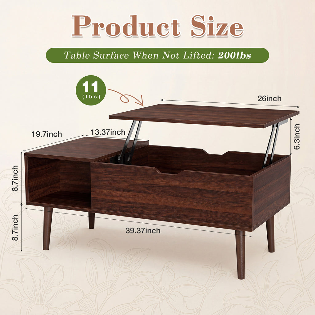 VANECL Wooden Lift Top Coffee Table with Hidden Storage Compartments & Adjustable Side Shelves for Living Room Home Office