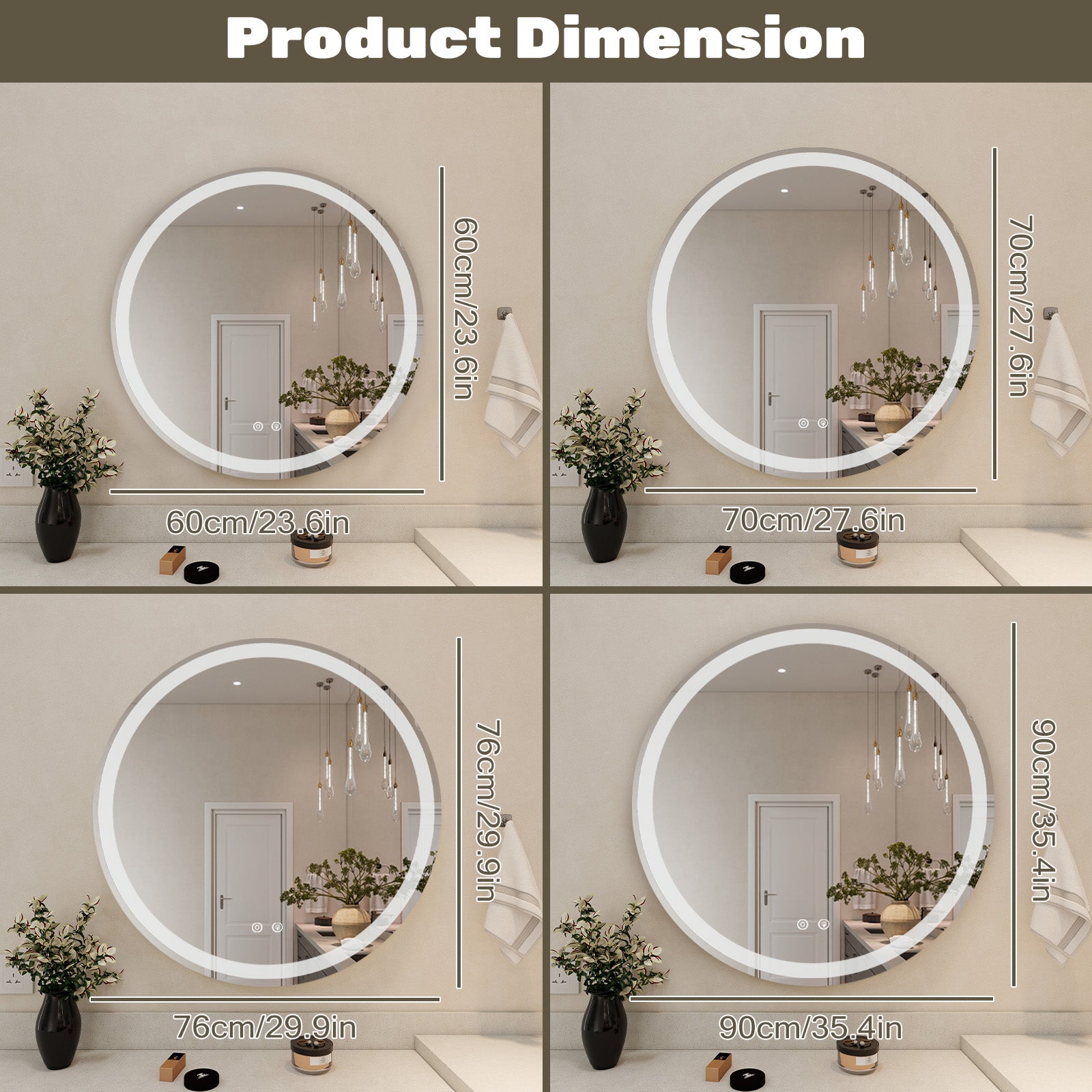 VANECL 23.6in Round LED Bathroom Mirror with Dual Front & Back Lights, Anti-Fog 3 Color Temperature Dimmable Vanity Mirror with Memory Function