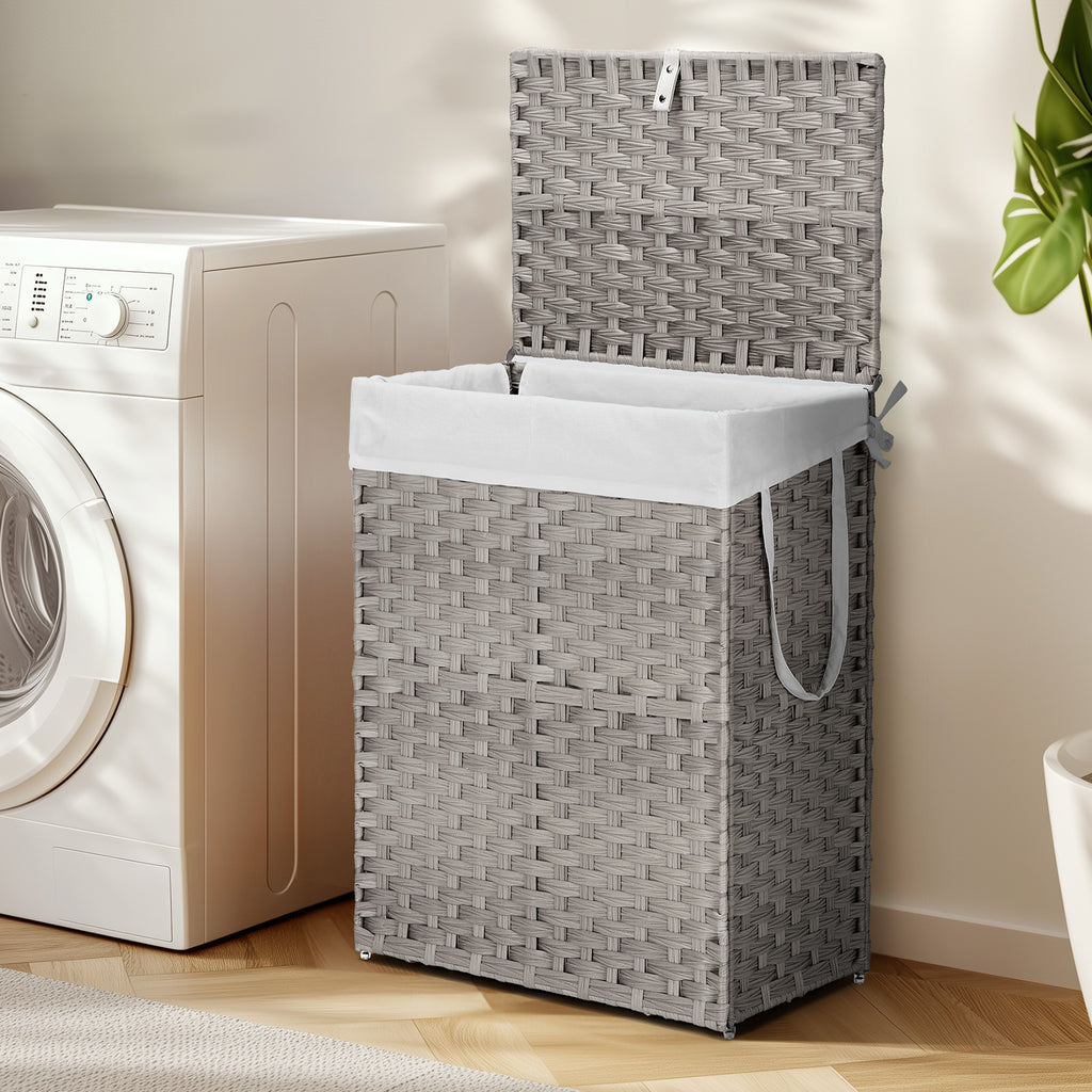 VANECL 90L Hand-Woven PP Rattan Laundry Hamper with Lid, Foldable Clothes Basket with Washable Liner & Carry Handles