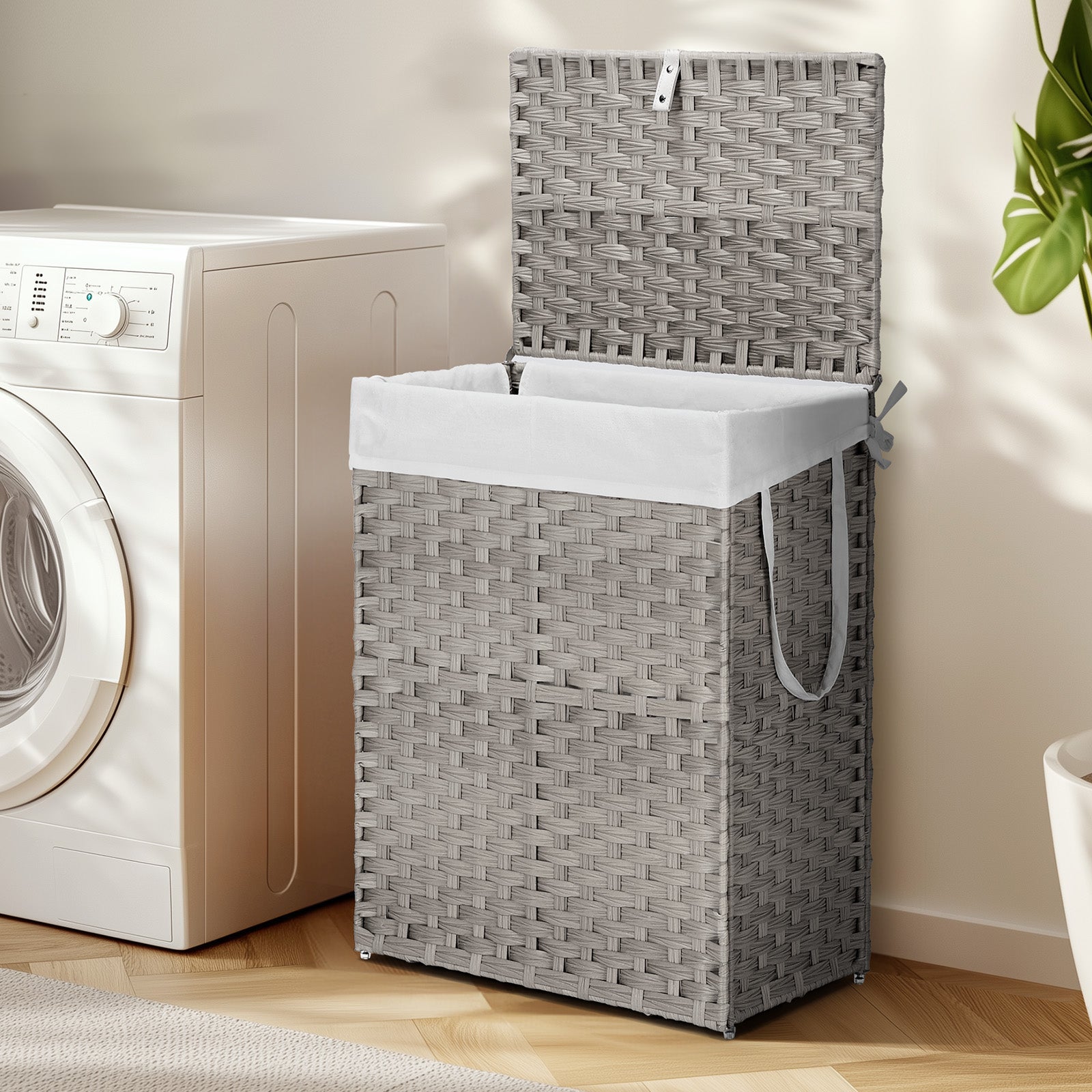 VANECL 90L Hand-Woven PP Rattan Laundry Hamper with Lid, Foldable Clothes Basket with Washable Liner & Carry Handles