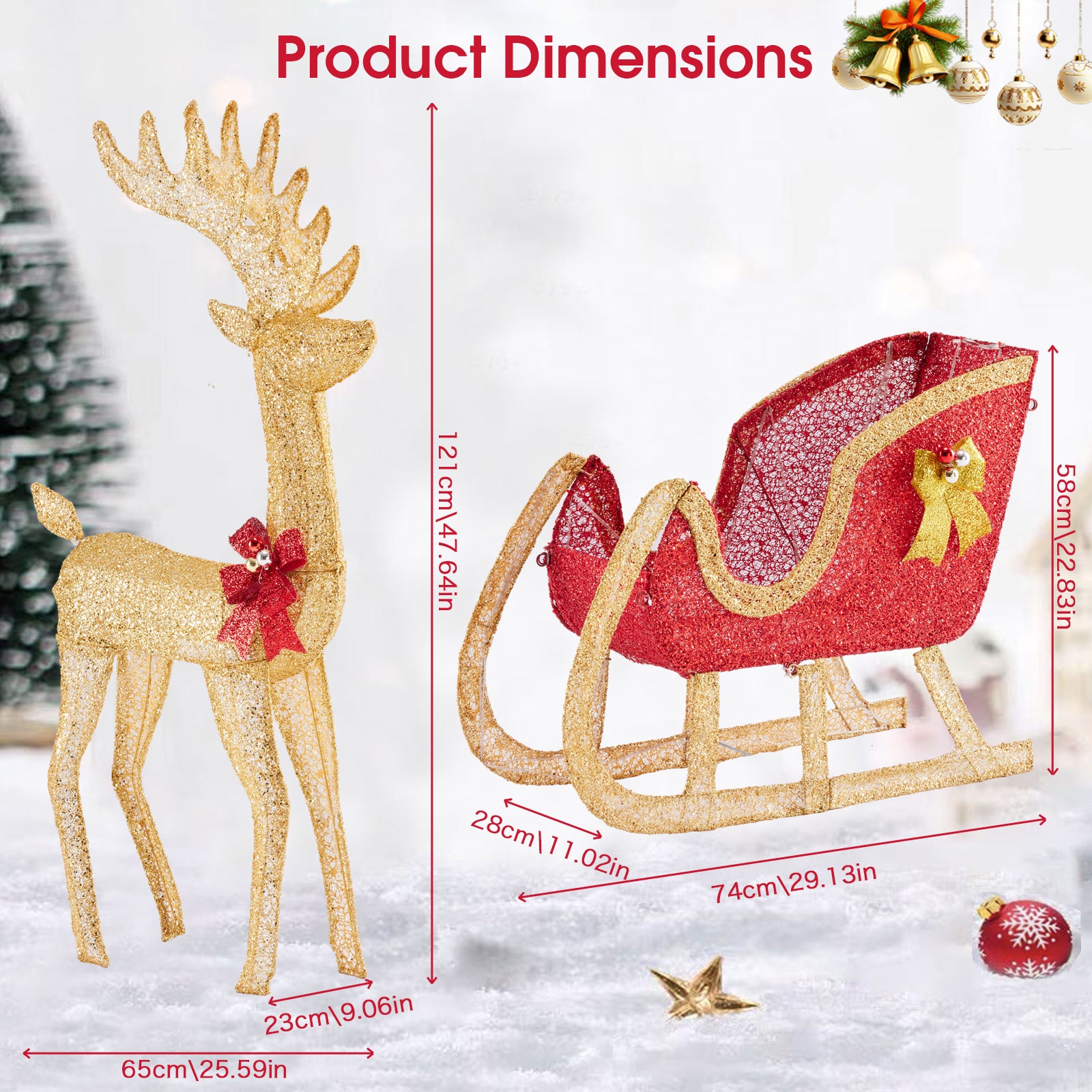 VANECL Christmas Reindeer Pulling Cart Yard Decoration with 180 Warm LED Lights, Indoor & Outdoor Metal Frame Holiday Ornament