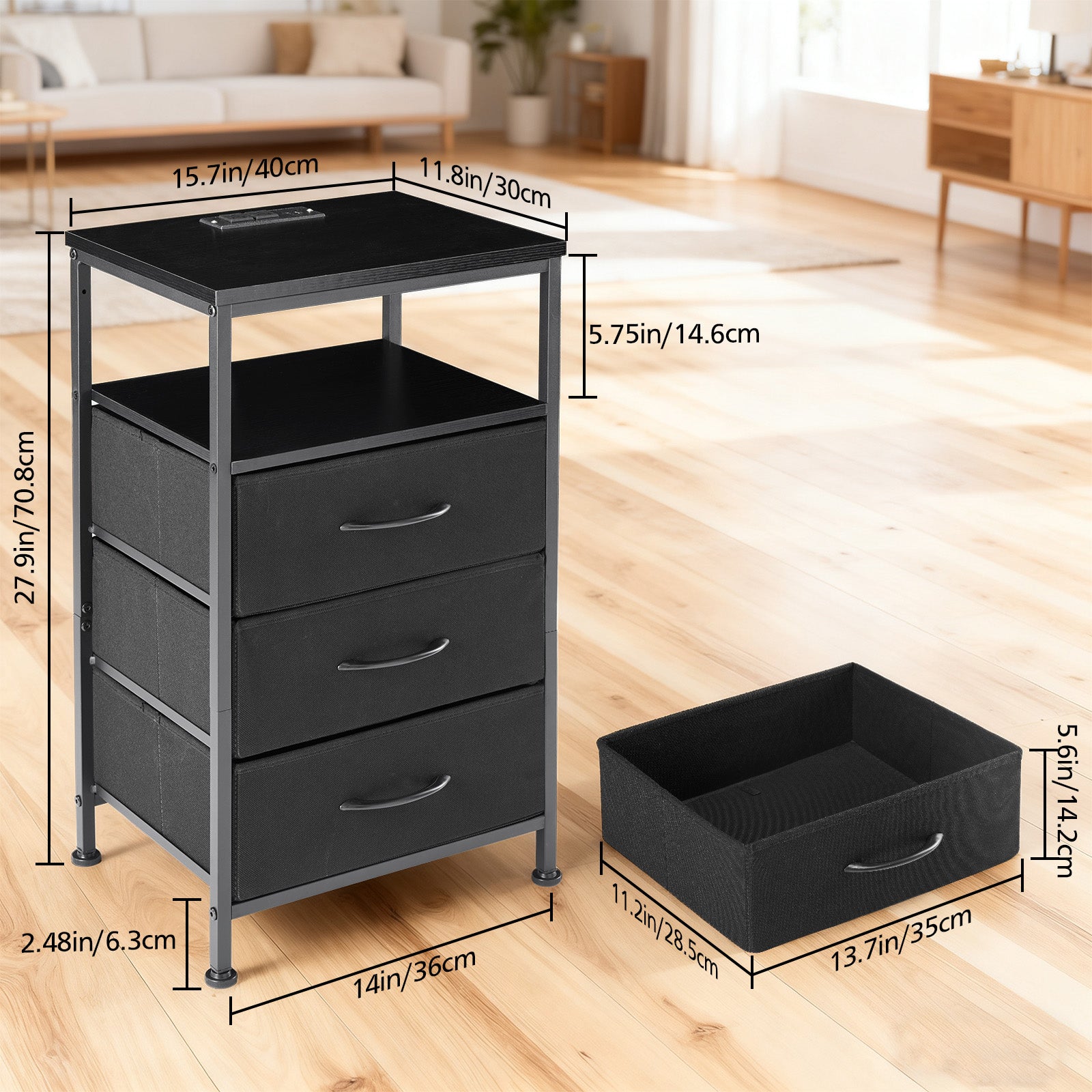 VANECL Nightstand with Charging Station & RGB LED Lights, Bedside End Table with 5 Fabric Drawers, USB Type-C Power Outlet for Bedroom