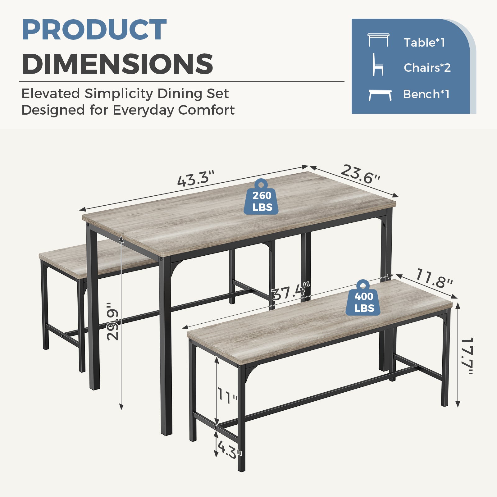 VANECL 4 Person Dining Table Set with Benches, Solid Hardwood Compact Kitchen Dining Set for Small Space Home Dining Room