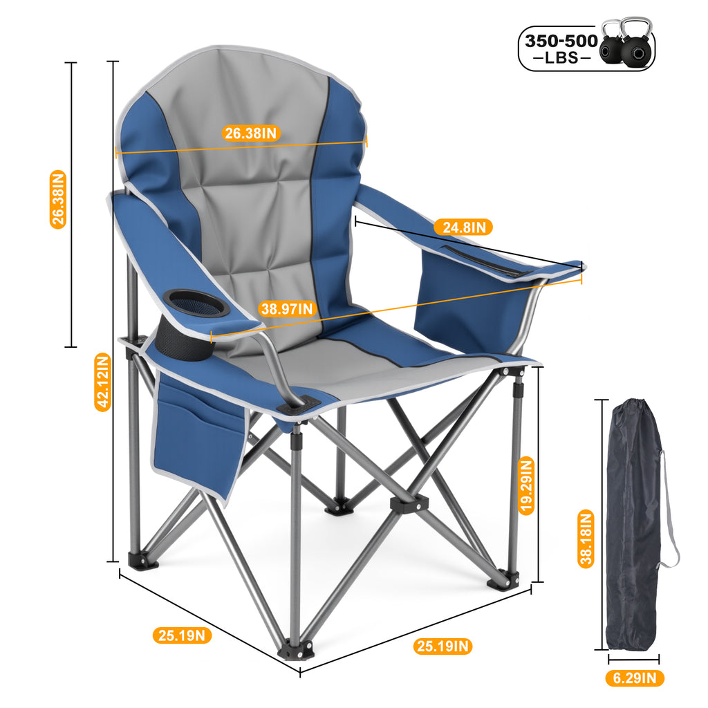 VANECL Oversized Folding Camping Chair, Heavy Duty 500 LBS Steel Frame Padded Outdoor Chair with Cup Holder, Side Storage & Built-in Cooler Bag for Fishing Picnic Concert