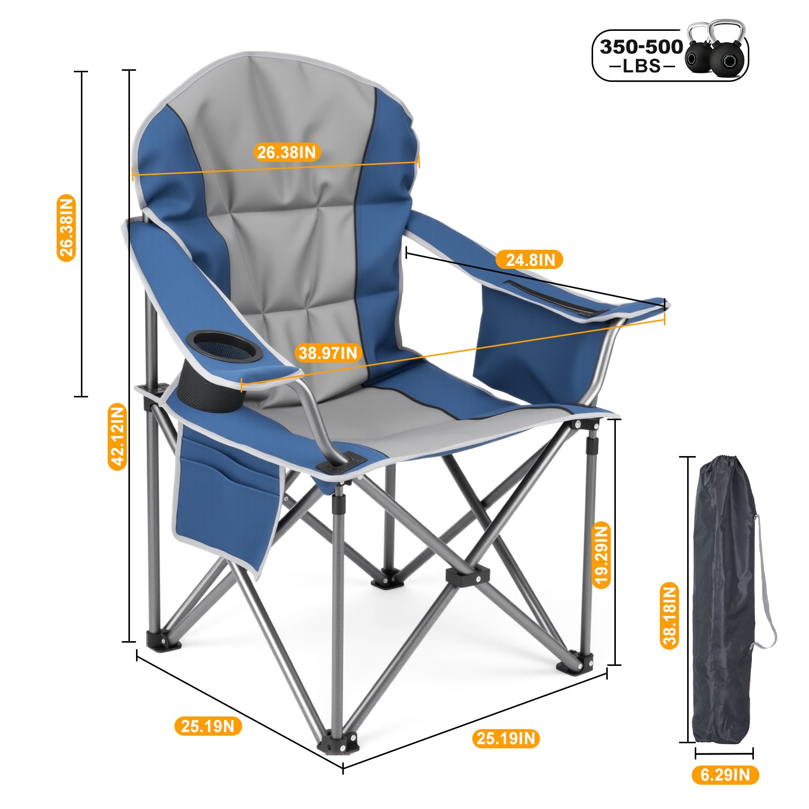 VANECL Oversized Folding Camping Chair, Heavy Duty 500 LBS Steel Frame Padded Outdoor Chair with Cup Holder, Side Storage & Built-in Cooler Bag for Fishing Picnic Concert