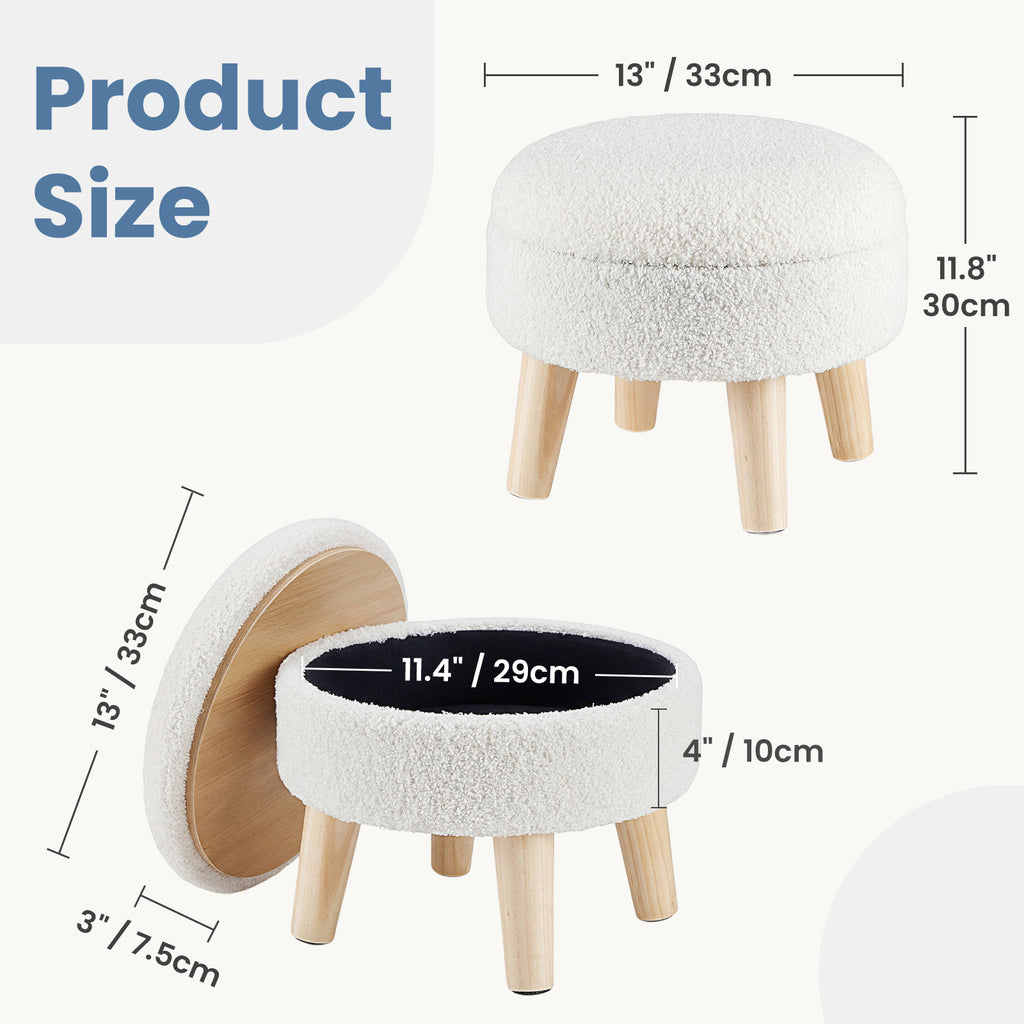 VANECL Round Teddy Fabric Storage Ottoman with Solid Wood Legs, Padded Hidden Storage Foot Stool for Bedroom Small Space