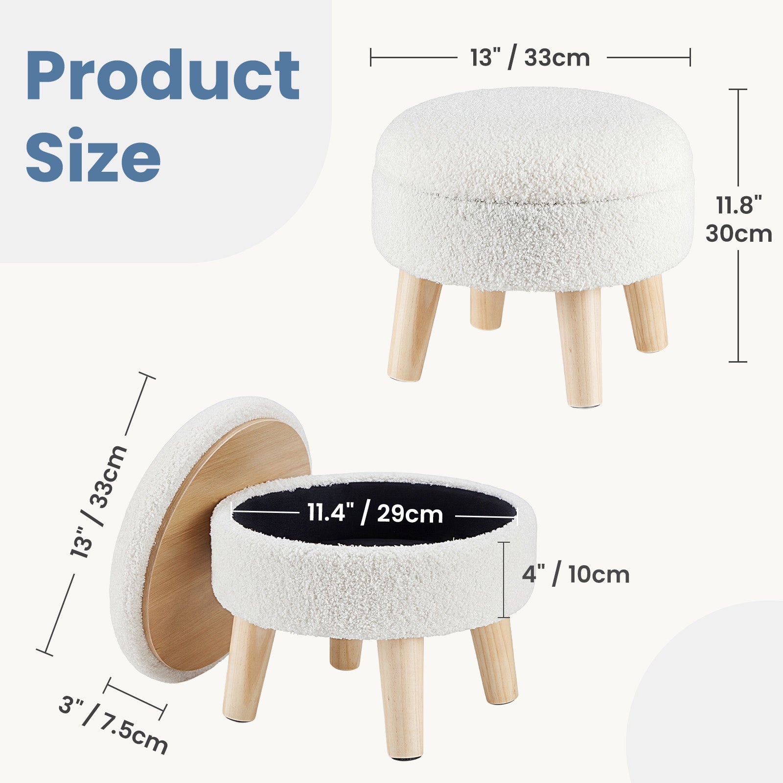 VANECL Round Teddy Fabric Storage Ottoman with Solid Wood Legs, Padded Hidden Storage Foot Stool for Bedroom Small Space