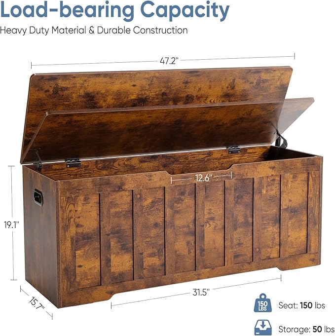 VANECL 47.2 Inch Large Storage Chest Ottoman Bench with 2 Gas Hinges & U-Shaped Handles, Heavy Duty Entryway Storage B0x Holds Up to 150 Lbs for Bedroom Hallway