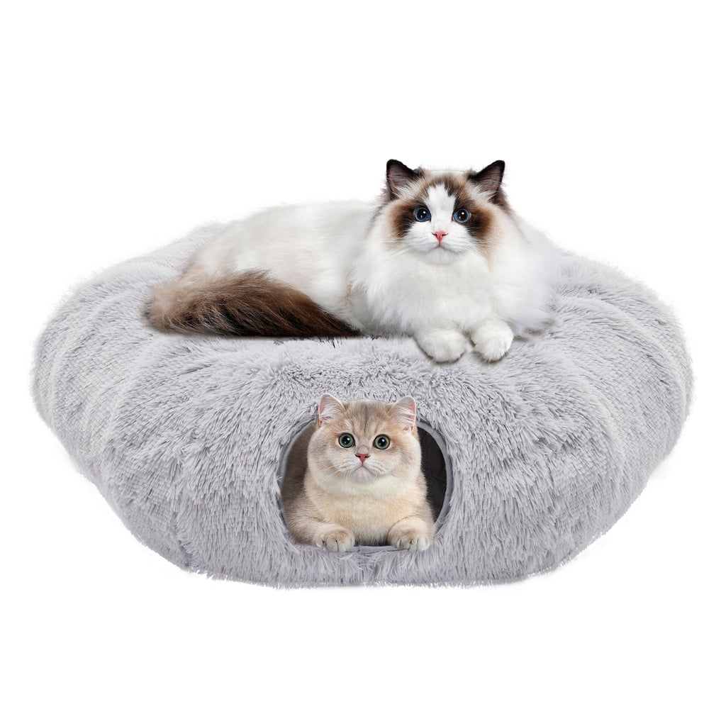 VANECL Donut Shaped Plush Cat Tunnel Bed, 2-In-1 PeekaB0o Cat Cave with Dual Entrances, Washable Round Play Tunnel for Indoor Cats, Kittens & Small Rabbits