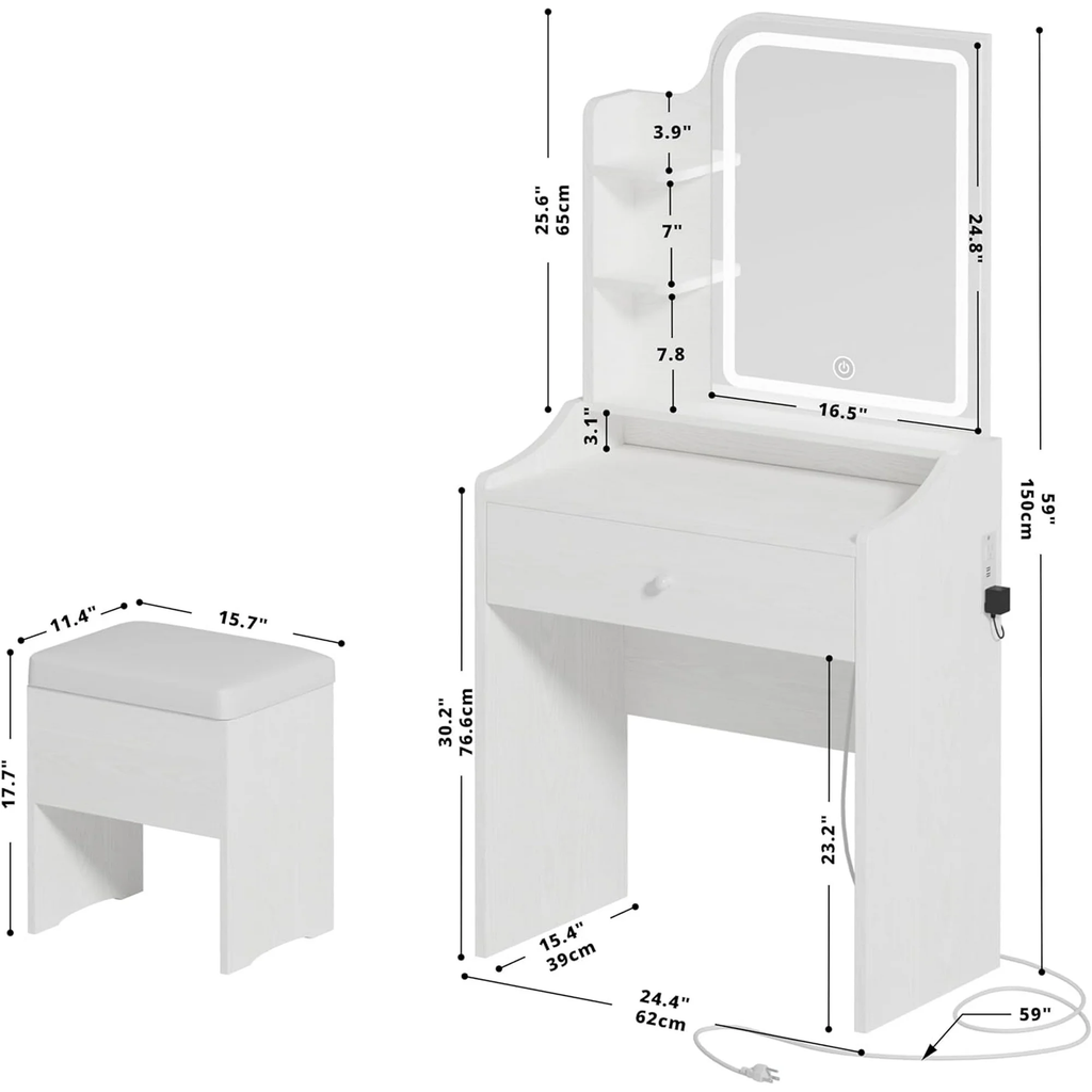 VANECL Compact Vanity Table Set with Adjustable LED Makeup Mirror, Storage Drawers, Open Shelves & Matching Stool for Bedroom Dorm Apartment