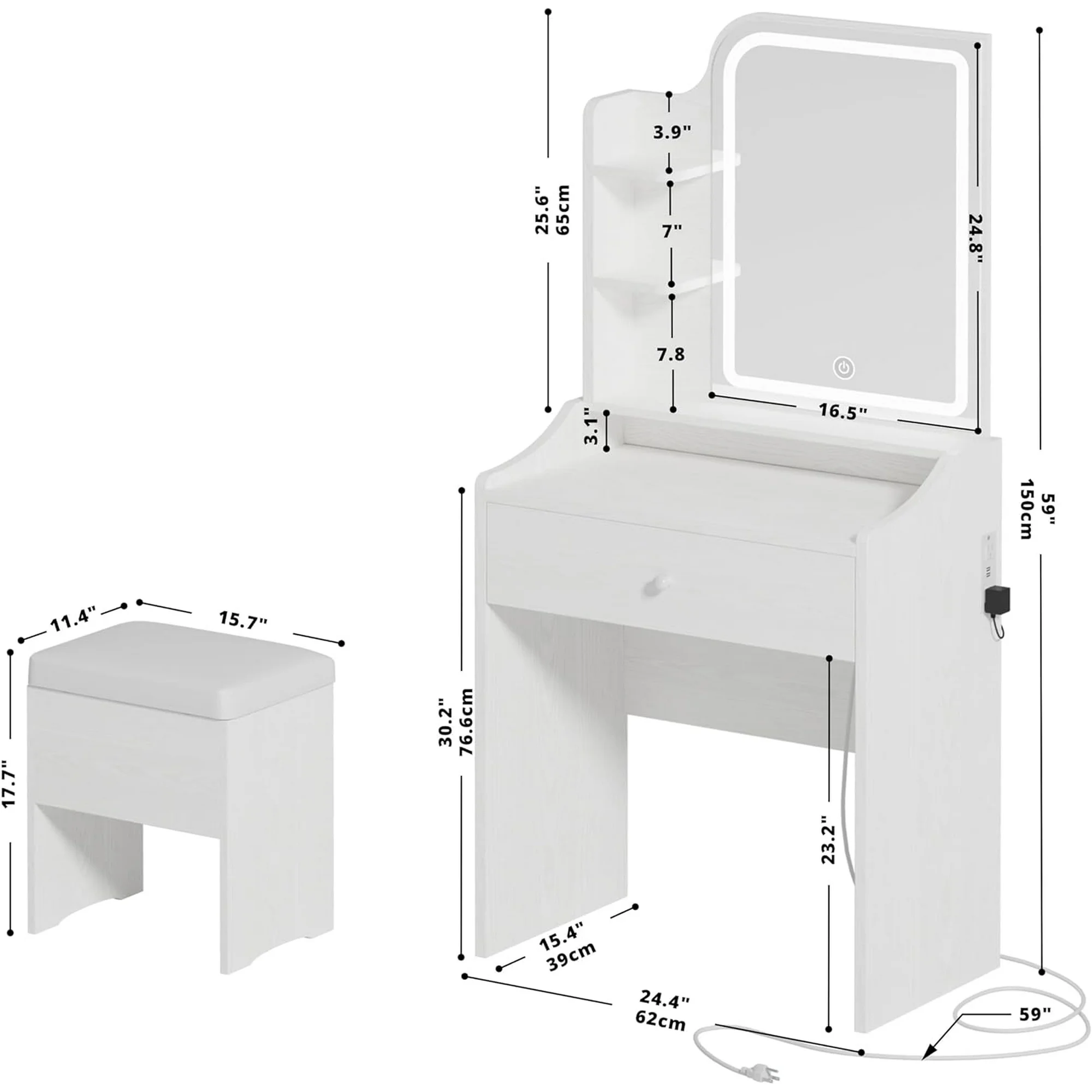VANECL Compact Vanity Table Set with Adjustable LED Makeup Mirror, Storage Drawers, Open Shelves & Matching Stool for Bedroom Dorm Apartment