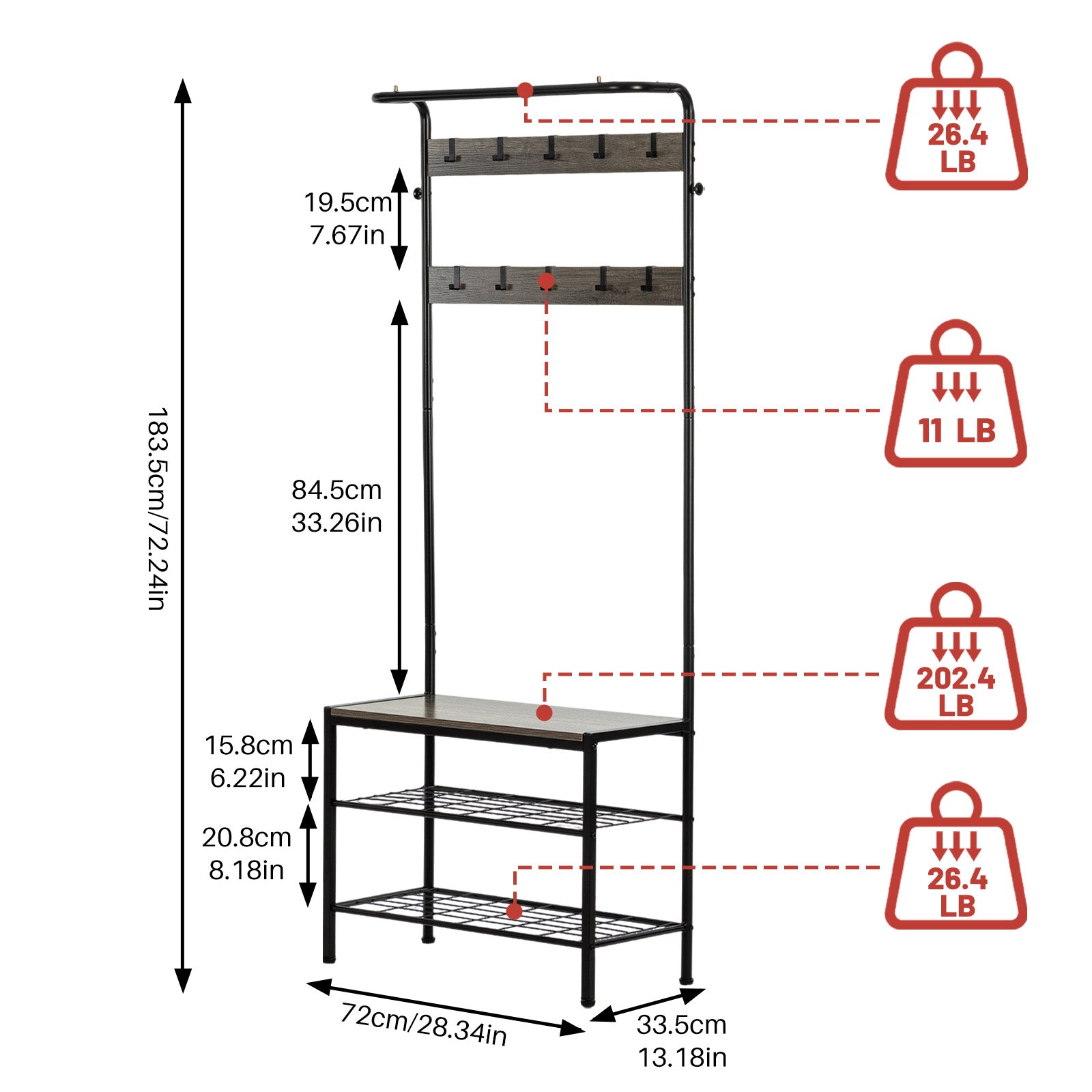 VANECL 4-in-1 Entryway Coat & Shoe Rack with Padded Seat, Metal Frame Hallway Storage Organizer for Entrance Closet
