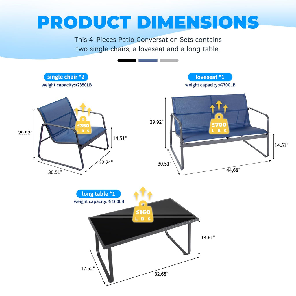 VANECL 4-Piece Outdoor Patio Furniture Set, Rustproof Steel Frame Conversation Bistro Set with Side Table for Yard Garden Poolside