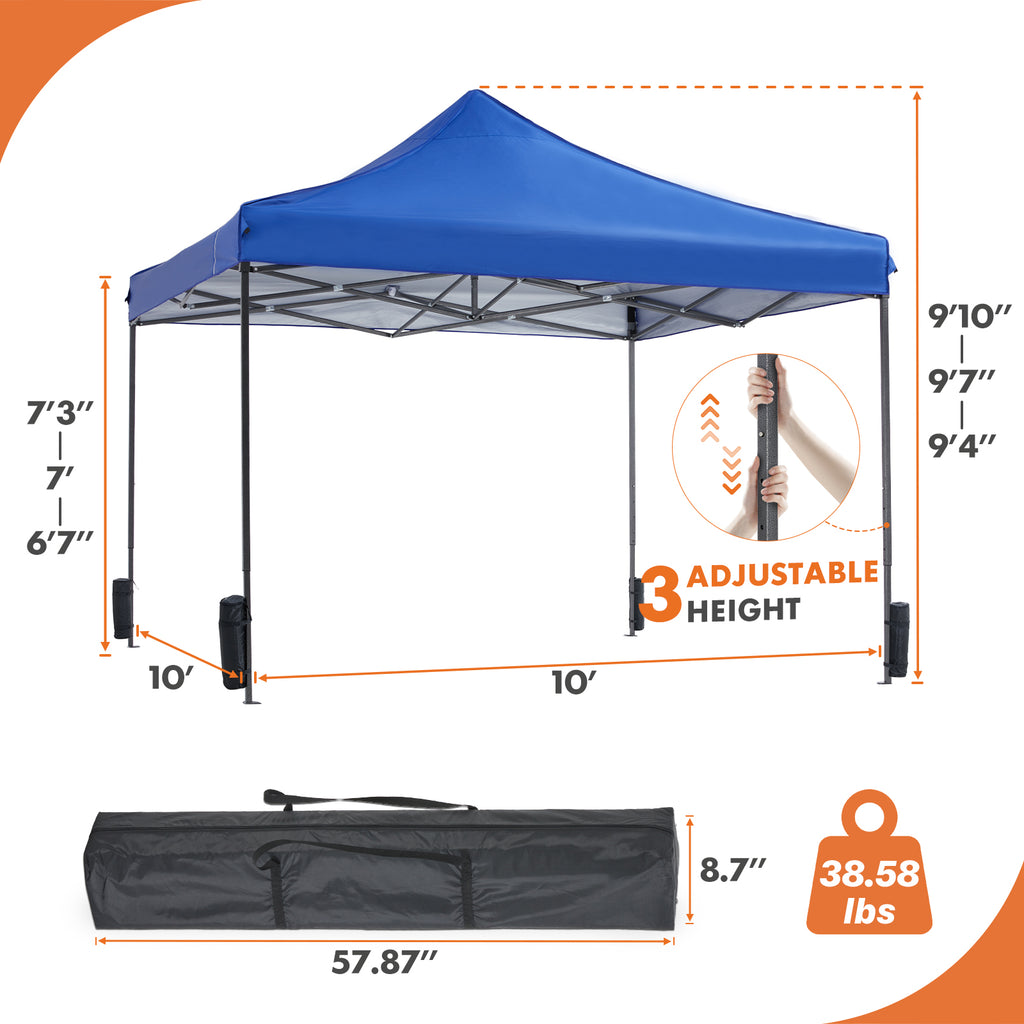 VANECL 10×10FT Pop Up Canopy Tent, Instant Portable Waterproof Sun Shelter with Adjustable Height for Beach Camping Party Outdoor Shade