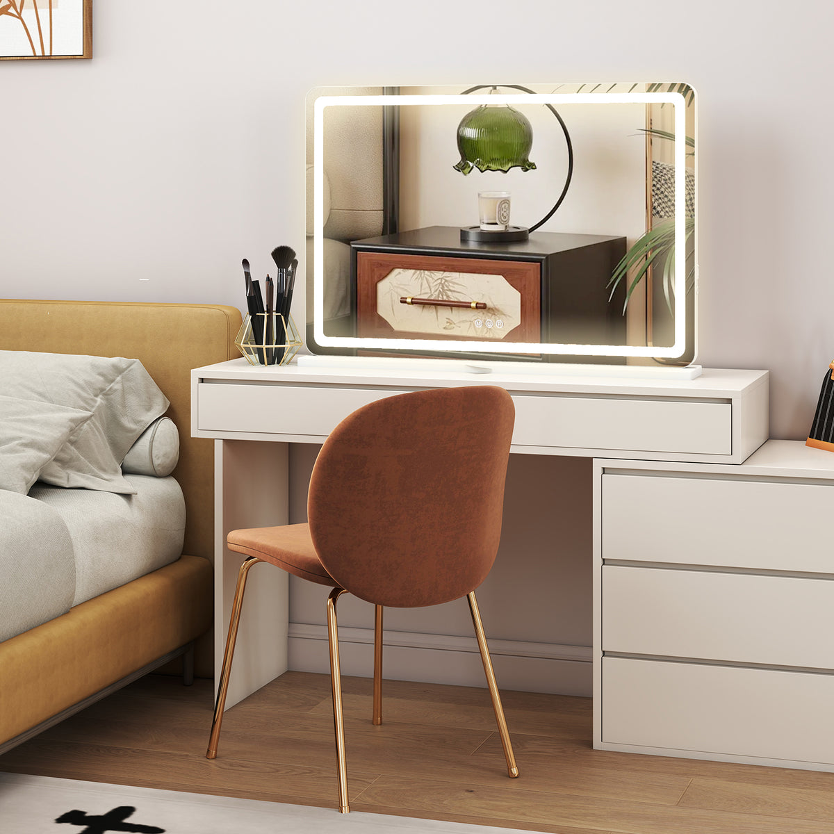 VANECL Square LED Vanity Makeup Mirror, Touch Control 3 Color Dimmable Lighted Desk Mirror with Memory & USB Charging Port